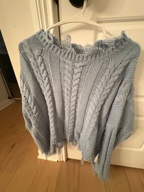 Off-the-Shoulder Light Blue Cable Knit Sweater - Distressed Hem
